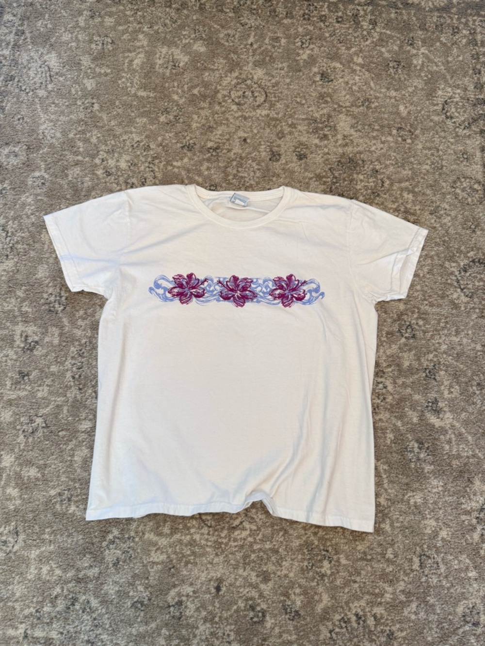 White Tee with Pink Floral Stripe